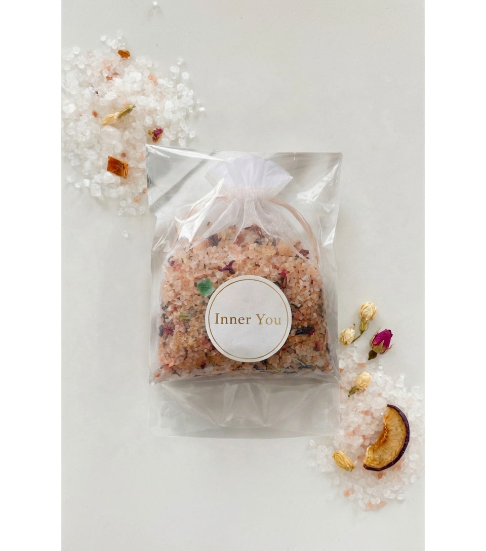 Inner You Botanical Bath Salt Sugar Plum in Organza Bag – 200g Himalayan Salt with Dry Flowers