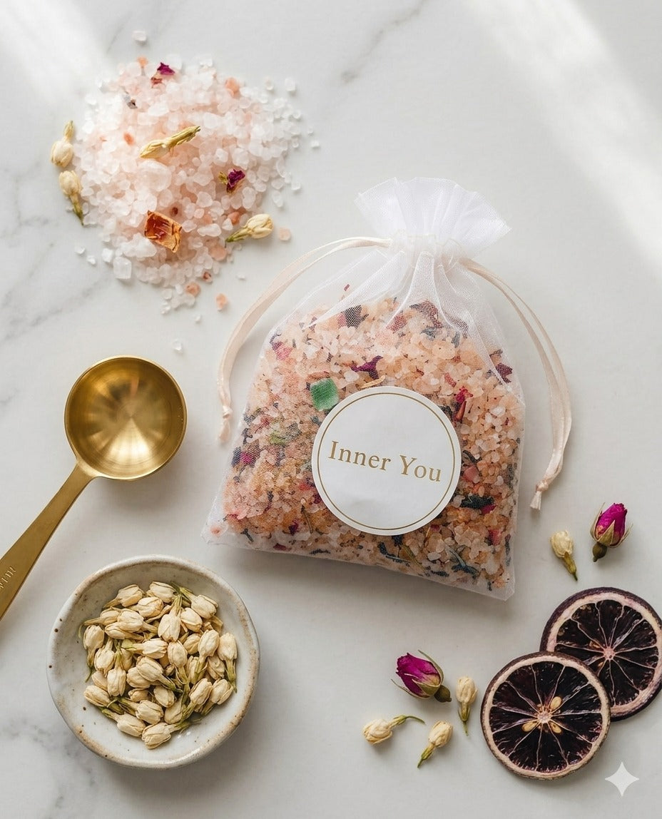 Inner You Botanical Bath Salt Lavender Vanilla in Organza Bag – 200g Himalayan Salt with Dry Flowers