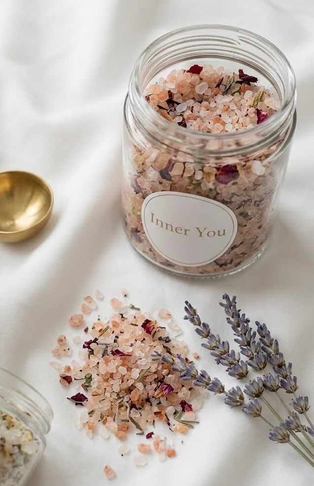 Inner You Botanical Bath Salt Sugar Plum in Glass Jar – 200g Himalayan Salt with Dry Flowers