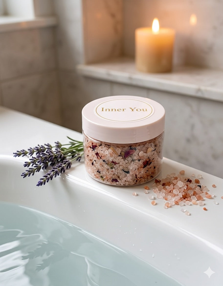 Inner You Botanical Bath Salt Sugar Plum in Glass Jar – 200g Himalayan Salt with Dry Flowers