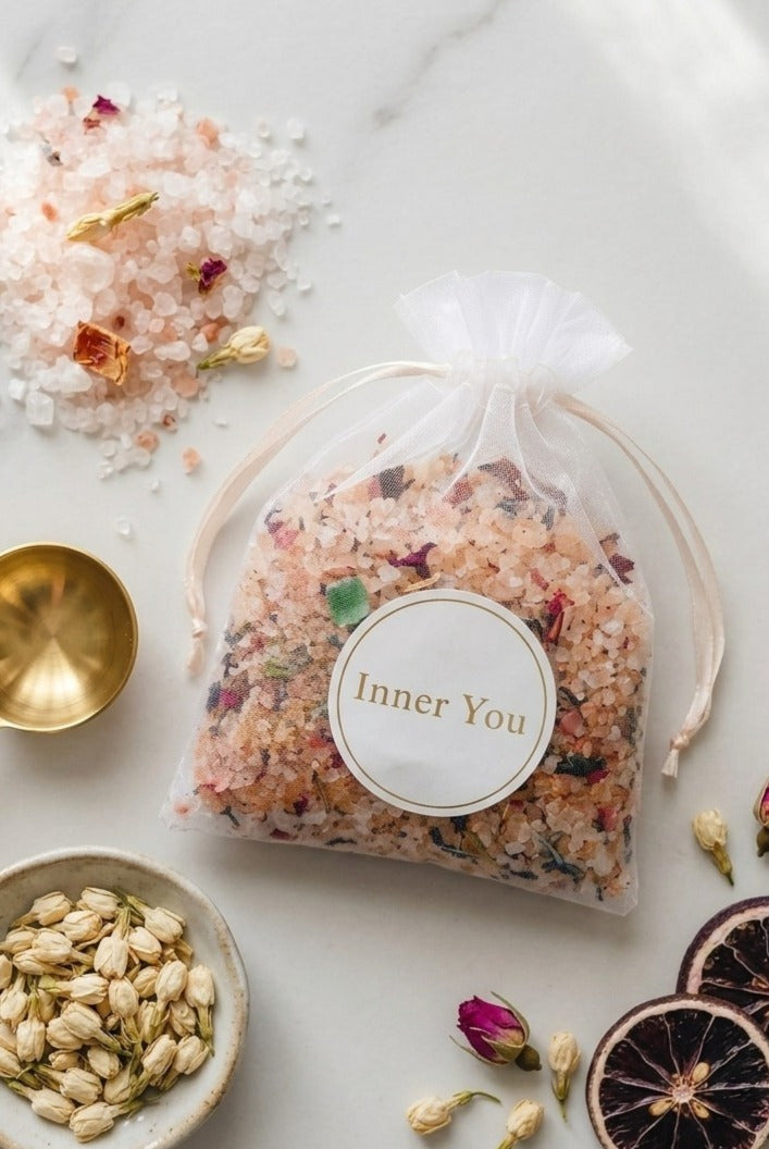 Inner You Botanical Bath Salt Lavender Vanilla in Organza Bag – 200g Himalayan Salt with Dry Flowers