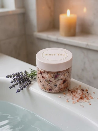 Inner You Botanical Bath Salt Sugar Plum in Glass Jar – 200g Himalayan Salt with Dry Flowers