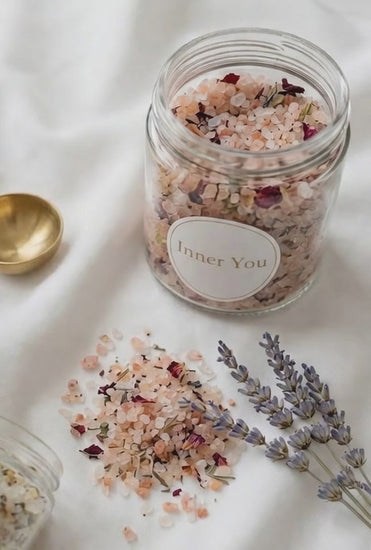 Inner You Botanical Bath Salt Sugar Plum in Glass Jar – 200g Himalayan Salt with Dry Flowers